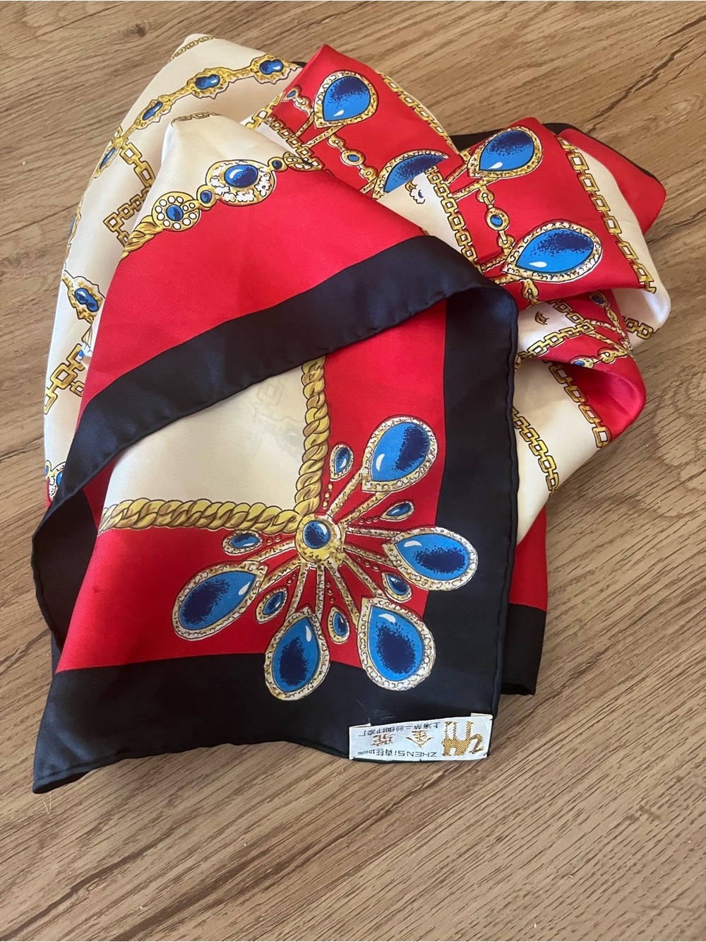 Vintage 100% Silk Jewel Chain Print Scarf Red Blue Gold Black 30x30